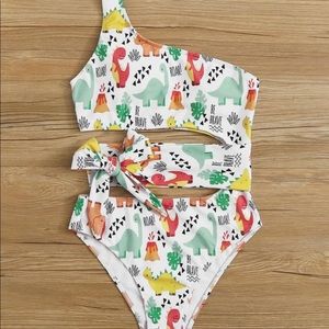 Cartoon dinosaur printed belted one piece swimsuit